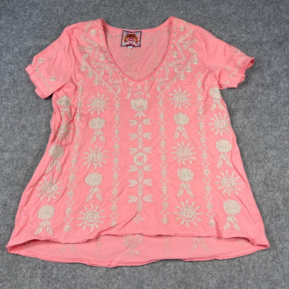 Johnny Was Makana Everyday Tee Medium Pink Embroidered V-Neck Short Sleeve Boho